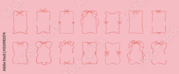 Fototapeta Rectangle ribbon bow frame set. Vintage vector illustration. Hand drawn aesthetic vertical border. Christmas, Valentines day, birthday, menu, bachelorette party design line art elements