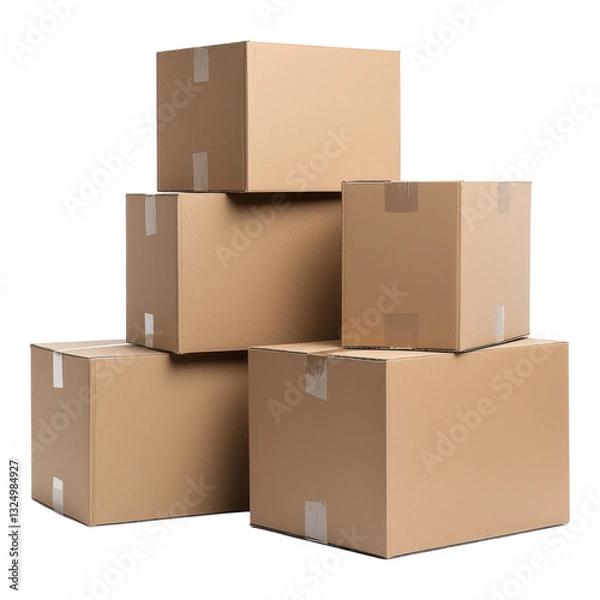 Fototapeta A stack of five cardboard boxes in various sizes, neatly arranged with some showing different orientations.