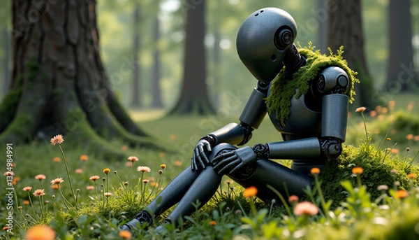 Obraz Abandoned robot in the forest. Surreal AI-image