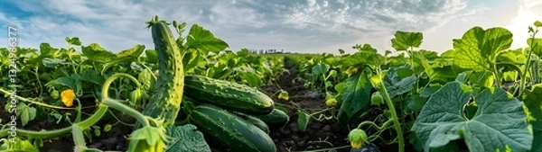 Fototapeta thriving cucumber field with fresh green produce