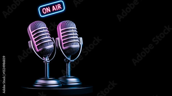 Obraz Retro microphones on a black backdrop, lit by vibrant neon lights, signifying a live broadcast