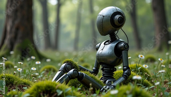 Obraz Abandoned robot in the forest. Surreal AI-image
