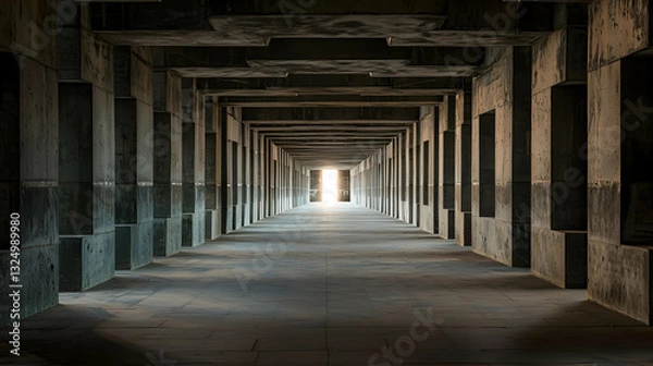 Fototapeta Long Concrete Tunnel Interior With Central Light Source and Geometric Block Structures