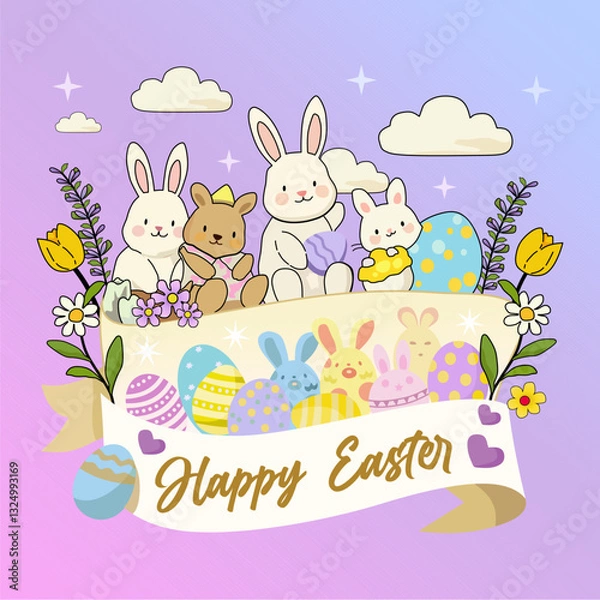Fototapeta Happy Easter banner, poster, greeting card with elements of eggs, rabbits and leaves and flowers.