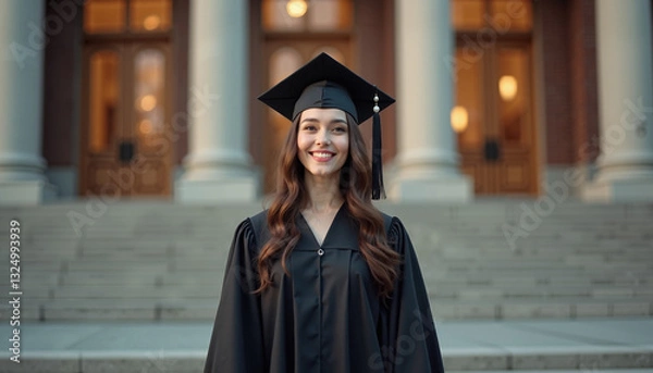 Fototapeta Smiling graduate wearing cap and gown standing on steps