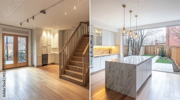 Fototapeta A dynamic before and after kitchen interior shot of a home in a cozy neighborhood in Toronto