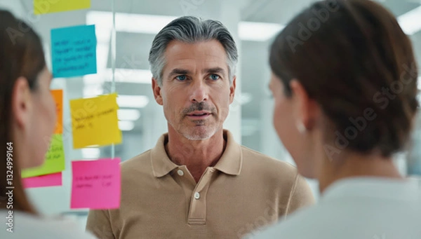 Fototapeta A group of professionals engages in a collaborative brainstorming session in a contemporary office. Colorful sticky notes adorn the glass wall, enhancing creativity