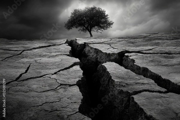 Fototapeta A lone tree stands atop a vast, cracked earth, symbolizing resilience amidst desolation under a stormy sky.