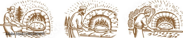 Fototapeta set of  Baker making fresh bread in stone oven vector illustration, engraving sketch ink poster black illustration etching style tattoo, Woodcut clean line 
