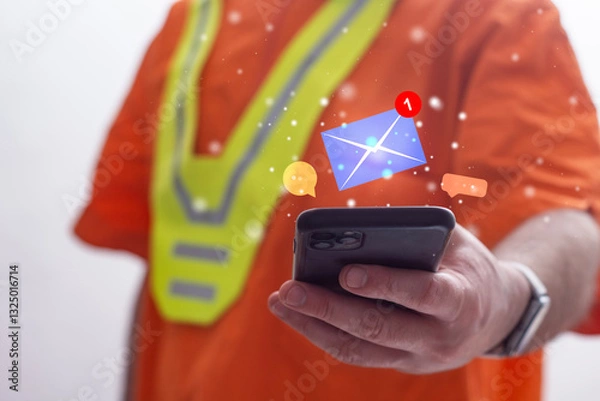Fototapeta A man in an orange shirt holds a smartphone with brightly colored floating social media icons on the device.