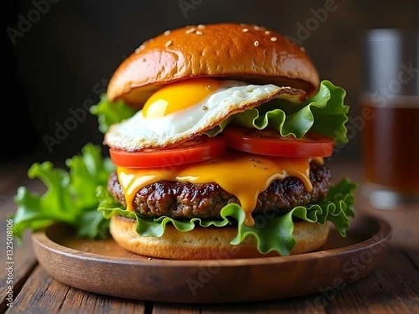 Obraz burger with egg on a rustic wooden plate