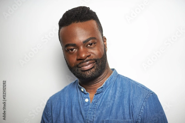 Obraz Portrait of a confident Black man in a denim shirt smiling against a white background  
