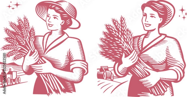 Fototapeta set of old color Young woman with a big hat farmer with ears of wheat farm vector illustration, engraving sketch ink poster black illustration etching style tattoo, Woodcut clean line 