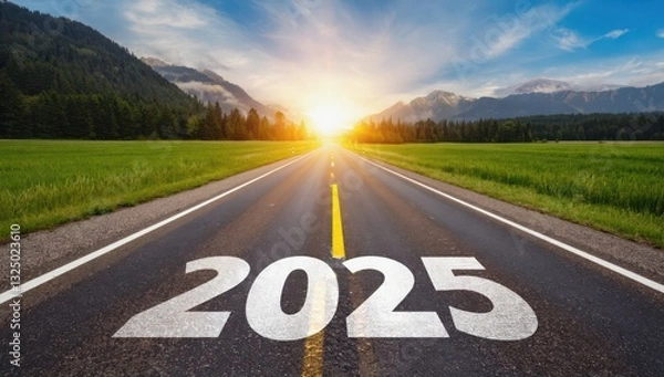 Fototapeta A scenic view of an open road leading towards a beautiful sunrise. Lush green fields border the road, while mountains loom in the background. The year 2025 is displayed prominently on the pavement