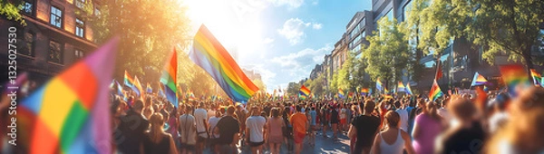 Obraz A gay pride festival in a city square with a rainbow flag and people. An outdoor party of the lgbtq community, with a wide angle view of people holding colorful flags on a blurred background on a sunn