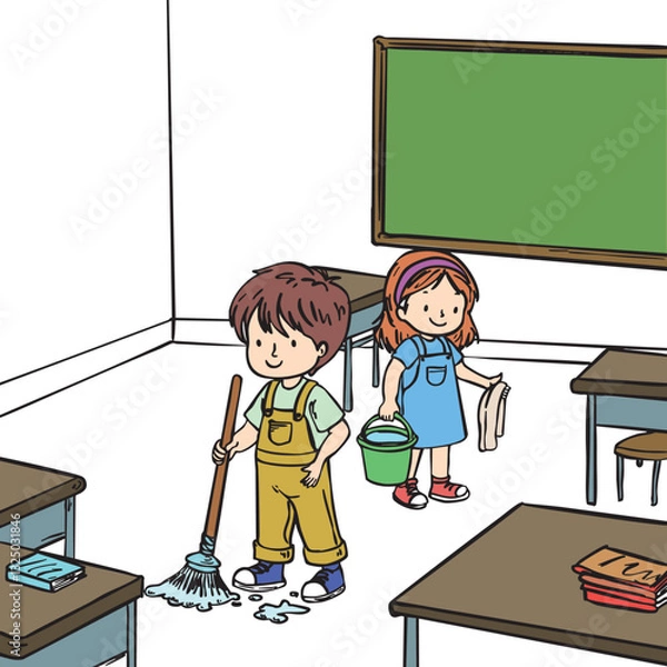 Fototapeta Hand-drawn illustration of two children cleaning a classroom, symbolizing teamwork and responsibility. Perfect for children’s activity books, educational worksheets, and school-related content.