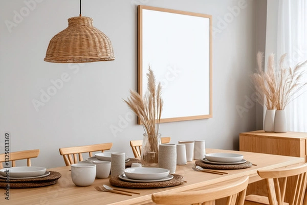 Fototapeta A Scandinavian-inspired dining room featuring a wooden dining table, rattan pendant light, and a blank white canvas on the wall for mockup purposes. The neutral color palette