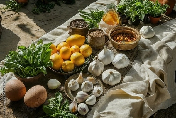 Fototapeta An artful arrangement featuring fresh lemons, pungent garlic, vibrant greens, and organic produce, laid out on a rustic wooden table under natural sunlight, creating a farm-to-table aesthetic.