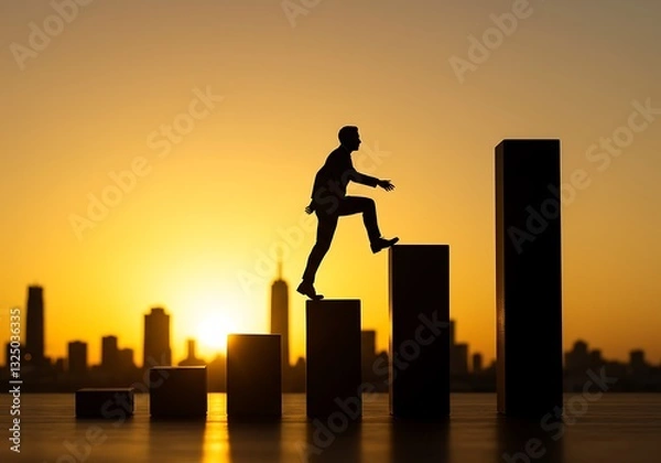 Fototapeta Man Climbing Graphic Bar Steps Towards a City Skyline at Sunset
