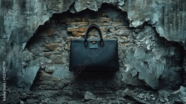 Fototapeta A designer handbag gently emerging from a broken matte-textured wall