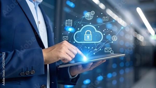 Obraz Businessmen's connections are protected through cloud security measures that ensure data encryption and secure access controls, sensitive information, and facilitate safe data storage and sharing.