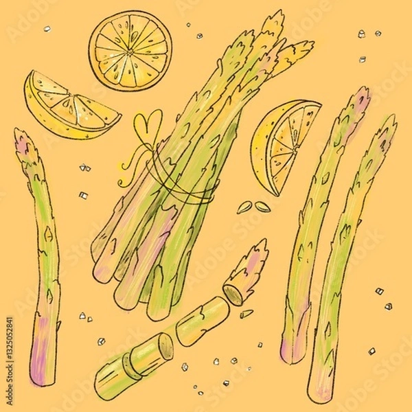 Fototapeta Illustration in color - Asparagus and Lemon. Funny Cooking Composition