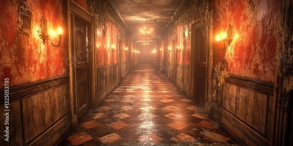 Fototapeta Old and eerie hallway with flickering lights in a dilapidated building at night