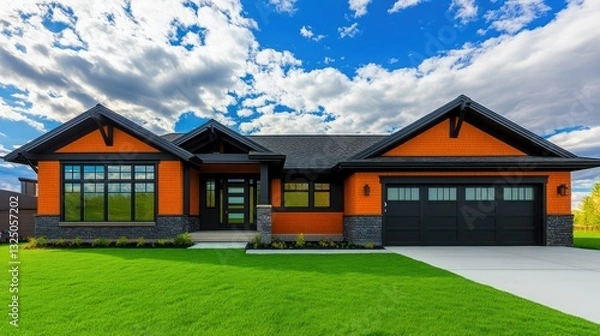 Fototapeta A striking craftsman-style residence with an exterior of burnt orange and coal black
