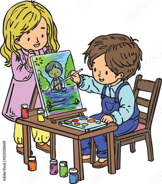 Fototapeta Hand-drawn illustration of two children painting on a canvas, symbolizing artistic creativity and self-expression. Ideal for educational resources, children’s books, and creativity lessons.