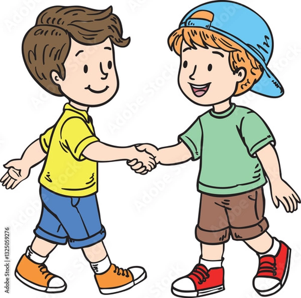 Obraz two young boys shaking hands and smiling at each other, symbolizing friendship, respect, and good manners. A heartwarming scene promoting social skills, teamwork, and positive interactions.
