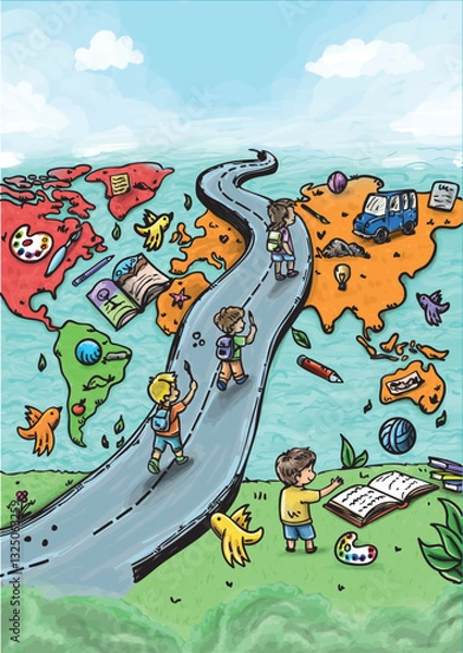 Fototapeta Hand-drawn colorful illustration of children walking on a road that connects different continents, symbolizing education, discovery, and global learning. The world is filled with books, art supplies