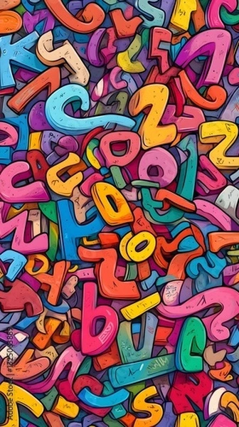Fototapeta Colorful image of letters and numbers with a playful and whimsical mood. The image is a collage of various letters and numbers, with some of them overlapping and others standing out