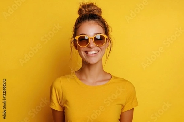 Fototapeta A cheerful woman wearing yellow clothing and matching sunglasses smiles brightly against a yellow backdrop. Generated AI
