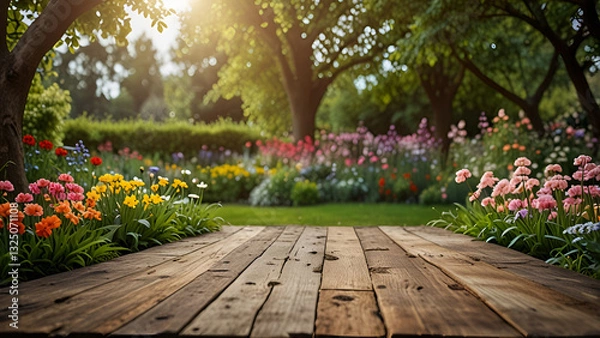 Fototapeta Soft focus old wooden floor with soft focus garden and flowers trees as background. Spring banner for text or product.