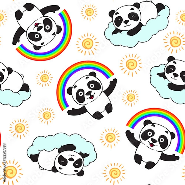 Fototapeta Doodle panda bear pattern. Panda is holding rainbow, lying on a cloud. Cute smiling panda character.
