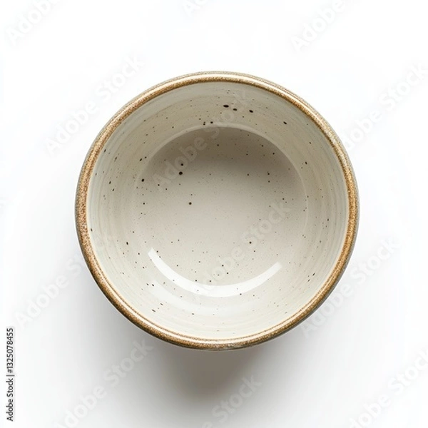 Fototapeta Handmade rustic ceramic bowl with speckled glaze, top view on white background