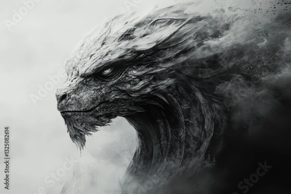 Obraz A majestic dragon profile emerges from the mist elegantly