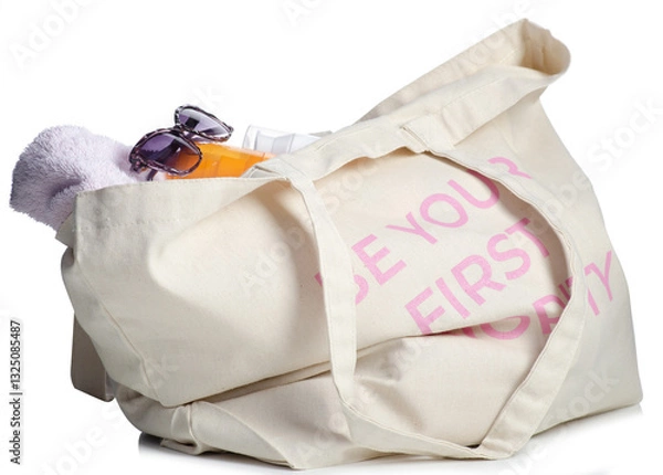 Obraz Beach bag with sunglasses, sun cream, sun lotion, towel isolated on white background.