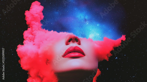 Fototapeta Woman experiencing psychedelic ketamine therapy merging with universe and stars