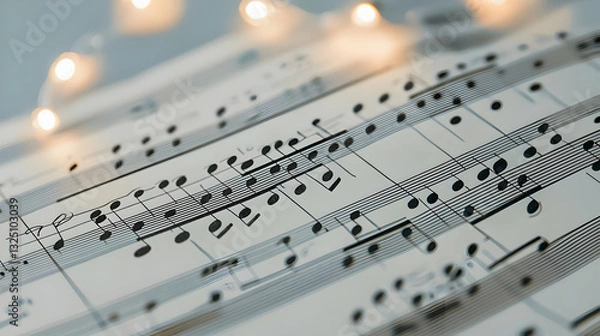 Fototapeta Close-Up View Of Sheet Music With Warm String Lights Illuminating The Notes On A White Background