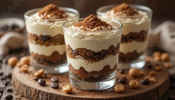 Fototapeta Delicious Tiramisu Dessert in Glasses with Coffee Beans and Hazelnuts