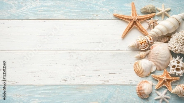 Fototapeta Seashell and starfish arrangement on weathered wood - coastal design background