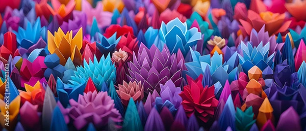 Fototapeta A Field Of Vibrant 3D Flowers In Various Colors With Abstract Geometric Shapes Creates A Colorful Background