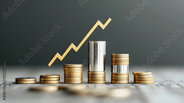 Fototapeta Ascending Golden Arrow Above Stacked Gold And Silver Coins On Rustic Wooden Surface Symbolizing Financial Growth