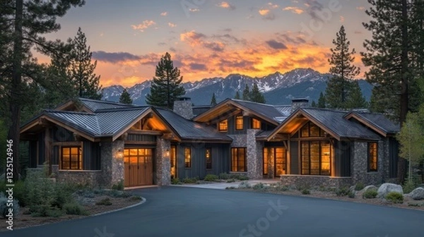 Obraz A luxurious home in Lake Tahoe, with a rustic blend of charcoal wood and light stone accents, sits elegantly among tall pine trees