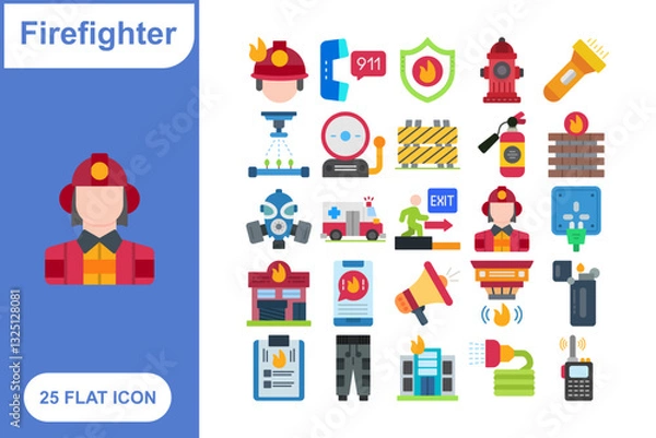 Obraz Firefighter Flat Icon Set, Collection of 25 Firefighter Flat Icon Set – 25 Emergency, Rescue, and Fire Safety Icons