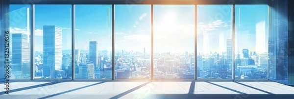 Obraz Panoramic cityscape through sunlit glass windows