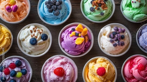 Fototapeta Colorful Ice Cream Scoops in Bowls on Wooden Background