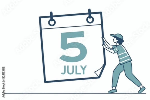 Fototapeta A person in a cap pulls down a large calendar page displaying the date July 5, symbolizing an upcoming event