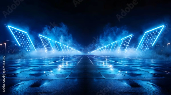 Fototapeta Dark Empty Street With Blue Neon Lights And Fog At Night Symmetrical Wet Ground Reflecting Illumination Modern Urban Scene Dramatic Background